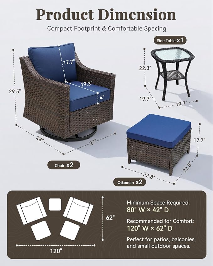 Patio Furniture Set 5 Pieces Luxury Outdoor Swivel Rocker Chairs and Ottomans, Easy Assembly Conversation Set for Porch Deck Balcony Yard in Brown Wicker and Blue Cushions