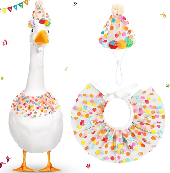 Birthday Porch Goose Outfit Lawn Clothes Hat and Tutu Collar Plastic Outfits for 23" 17" Cement Goose Outdoor Garden Lawn Art Decor(Colorful,Dots)