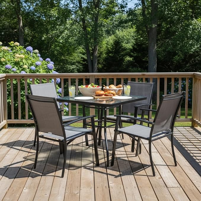Tangkula 32-Inch Square Patio Dining Table with Tempered Glass Top, Metal Frame Outdoor Bistro Table with Umbrella Hole, Outside Table for Garden Poolside Balcony Yard