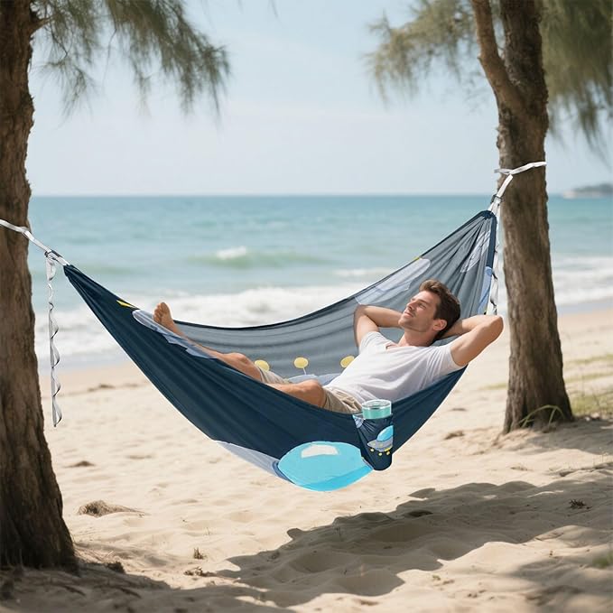 Cartoon Cute Blue-Gray Spaceship 330lb Capacity Outdoor Hammocks with Tree Straps Swing Hammock for Outside Patio Backyard Poolside hamacas para adultos 2 Personas