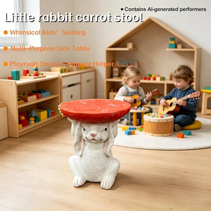 13.4 Inch Tall Bunny Side Table Garden Decor | Outdoor Resin Rabbit Statue, Plant Stand, Whimsical Carrot Tray End Table, For Kids Nursery Room Patio Yard