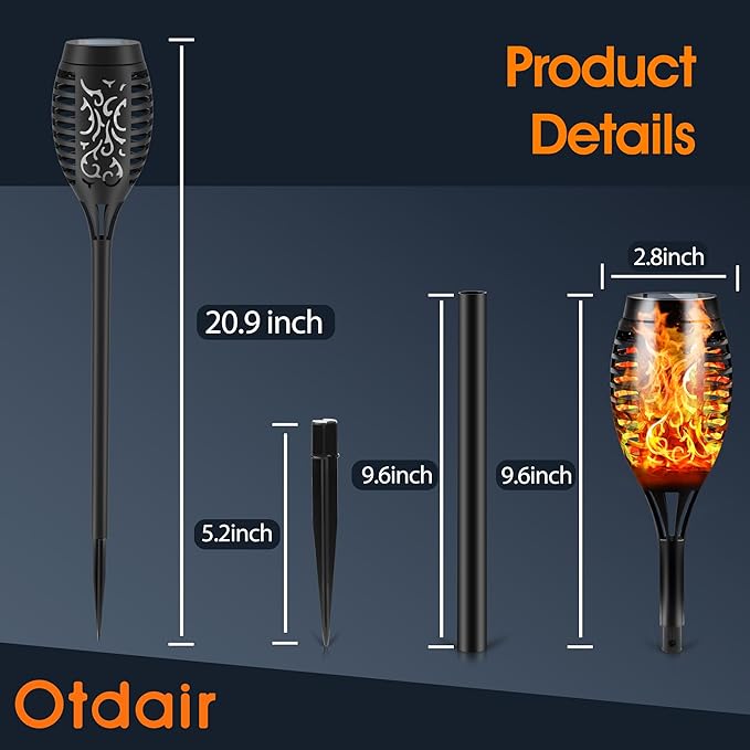 Otdair Solar Halloween Lights Outdoor Waterproof, 12 Pack 12LED Tiki Torches for Outside with Flickering Flame, IP65 Backyard Lights Outdoor Auto On/Off for Garden, Patio, Yard, Pathway