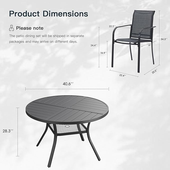 VICLLAX 5 Pieces Patio Outdoor Dining Set, 40.6" Round Metal Table with Umbrella Hole and Storage Shelf, 4 Stackable Textilene Chairs for Patio, Porch, Lawn, Garden, Black/Grey