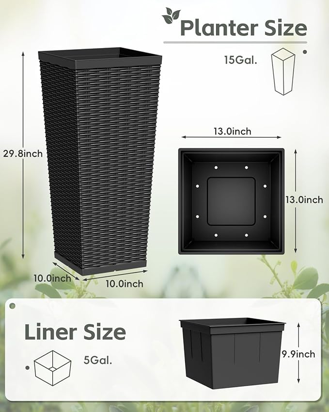Greesum 30 Inch Tall Plastic Planters (Set of 2), Extra Large Outdoor Flower Pots with Detachable Inner Pot & Drainage Holes for Large Plants, Trees, Patio, and Garden, Black