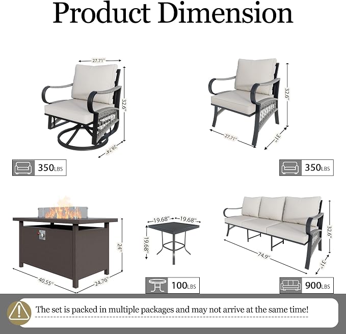 11-Piece Outdoor Furniture Set, Metal Swivel Rocking Chairs with All-Weather Cushions, Patio Conversation Set with Fire Pit Table for Deck, Porch, Garden, Backyard, Poolside (Beige Cushions)