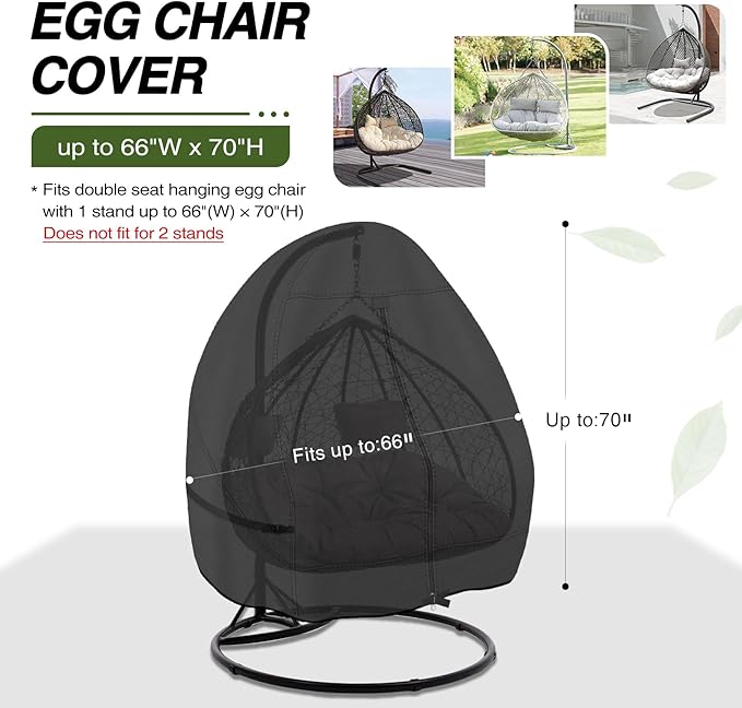 Porch Shield Patio Hanging Egg Chair Cover - 600D Waterproof Outdoor Double Seat Wicker Swing Egg Chair with Stand Protector, Black