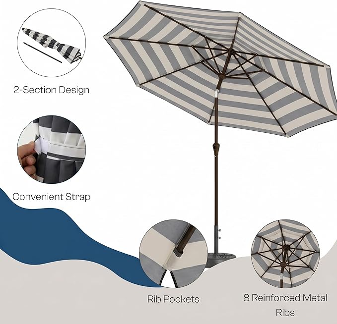 Outdoor Patio Umbrella, 2 Tiers Market Table Umbrella with 8 Sturdy Ribs, Push Button Tilt and Crank, UPF50+ UV Protection for Deck, Pool, Garden and Backyard