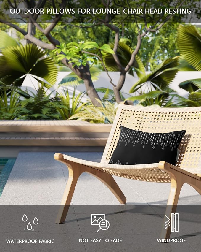 Outdoor Pillows Covers with Inserts Bohemian Geometric Pattern Rhombus Black Waterproof Recliner Pillow with Adjustable Strap Throw Pillows for Patio Furniture Pool Lounge Chair, 11x16 inch, 1PCS