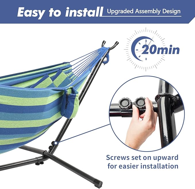 ONCLOUD 550 LB Capacity Double Hammock with Stand – Portable Bag Included (Blue Green Stripe)