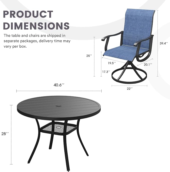 5 Pieces Patio Furniture Dining Set, 4 Textilene Swivel Dining Chairs, 41" Outdoor Round Metal Table with Storage Shelf and 1.57" Umbrella Hole, Outdoor Dining Set for Porch, Lawn, Black/Blue