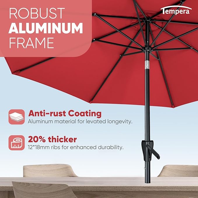 Tempera Patio Market Outdoor Table Umbrella with Push Button Tilt and Crank, Large Sun Umbrella with Sturdy Pole & Fade Resistant Canopy, Easy to Set