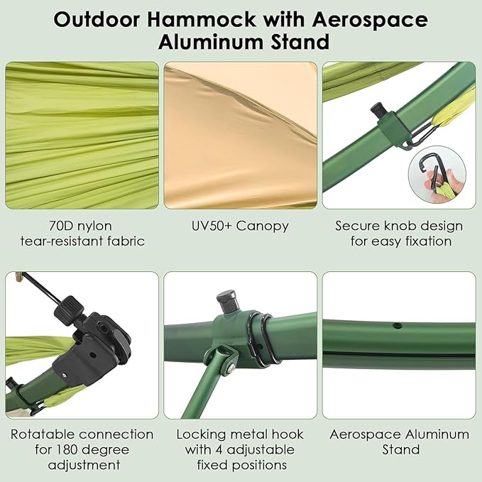 Portable Hammock with Quick Setup Folding Stand & Adjustable Sunshade Canopy & Storage Bag, Adult/Child Hammock Chair, for Camping Home Garden Hotel Outside Beach Forest (Green)