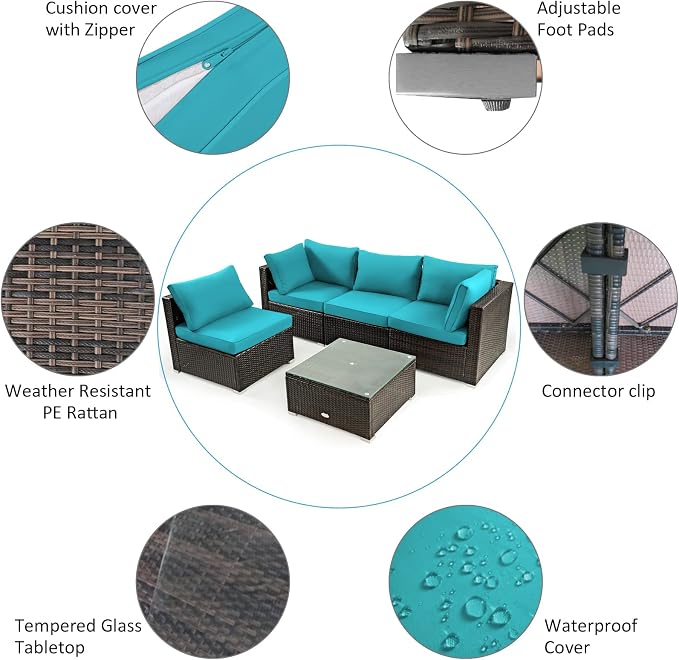 Tangkula 5 Pieces Patio Furniture Set, All Weather Wicker L-Shaped Corner Sofa Set w/Soft Cushions, Outdoor Sectional Conversation Couch Set w/Glass Table for Backyard Garden Poolside (Turquoise)