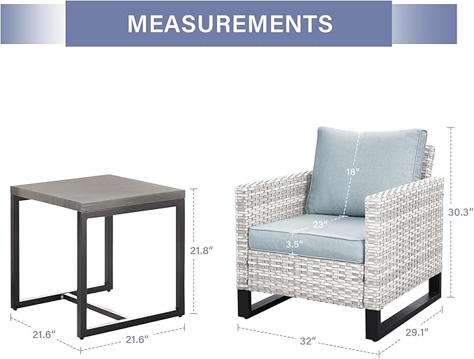 Wicker Outdoor Patio Chairs Set - 3 Piece Rattan Patio Furniture Bistro Chairs Set with Waterproof Wicker,Comfortable Cushions and Sturdy Metal Frame for Porch Deck Backyard(Light Grey/Sky Blue)