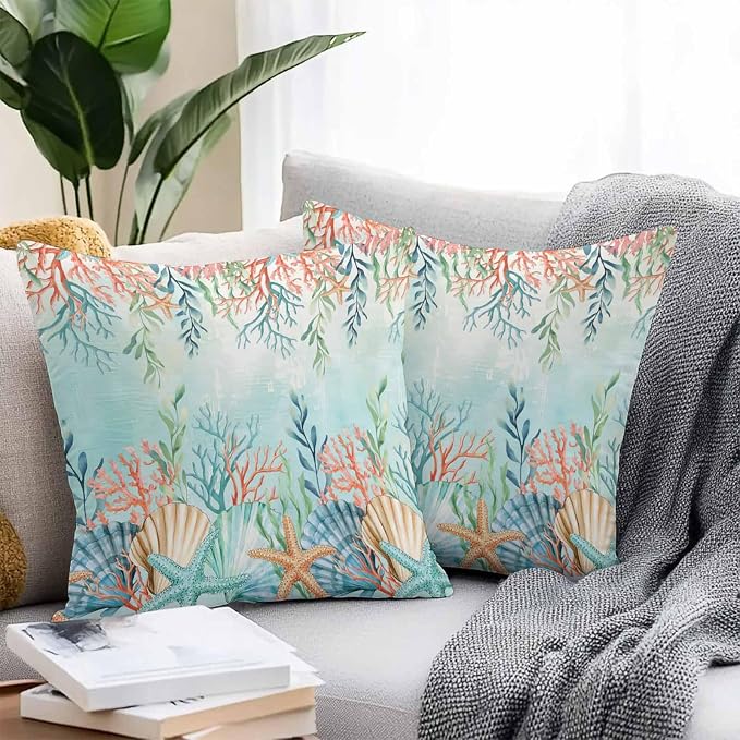 Throw Pillow Covers 20x20 Inch Set of 2, Ocean Starfish Seaweed Waterproof Outdoor Pillow Covers, Summer Coastal Beach Shell Coral Teal Decorative Cushion Pillowcases for Couch, Sofa, Bed, Patio