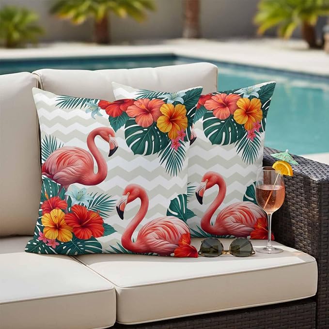 Pink Flamingos Outdoor Pillow Covers 16"x16" Set of 2, Summer Red Hibiscus Flower Tropical Plant Wave Stripes Waterproof Throw Pillow Covers for Patio Furniture, Decorative Cushion Covers for Porch