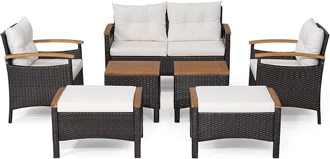 Tangkula 7 Pieces Patio Rattan Sofa Set, Outdoor Wicker Conversation Set w/Seat & Back Cushions, 2 Ottomans & 2 Coffee Tables, Acacia Wood Tabletop & Armrests, Wicker Sofa Set for Backyard, Poolside