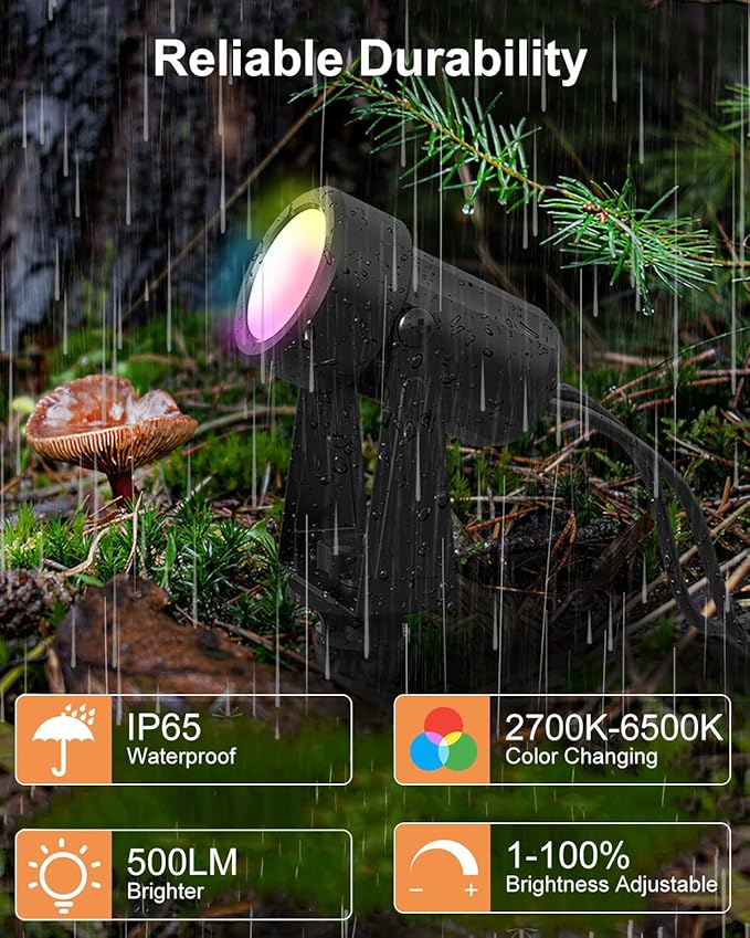 Ligency Spotlight Outdoor Smart Low Voltage Landscape Lights, 6 Pack Outdoor Spot Lights IP65 Waterproof RGBW Color Changing Spotlights for Yard Garden, 54Ft