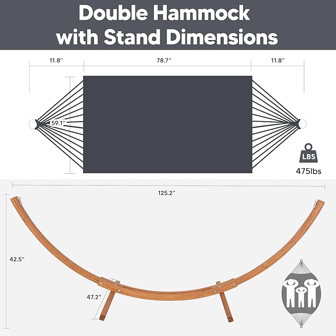 SUNCREAT 2 Person Hammock with 10 ft Wooden Stand Included, Outdoor Hammocks for Outside, 475 lbs Capacity, Dark Gray
