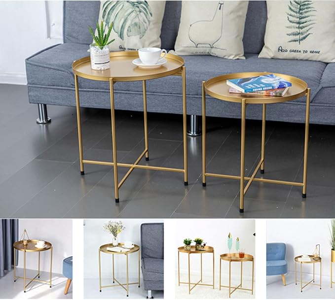 Tray Metal Round End Table Folding Small Side Table Outdoor & Indoor Coffee Table for Small Spaces Bedroom Patio,Green