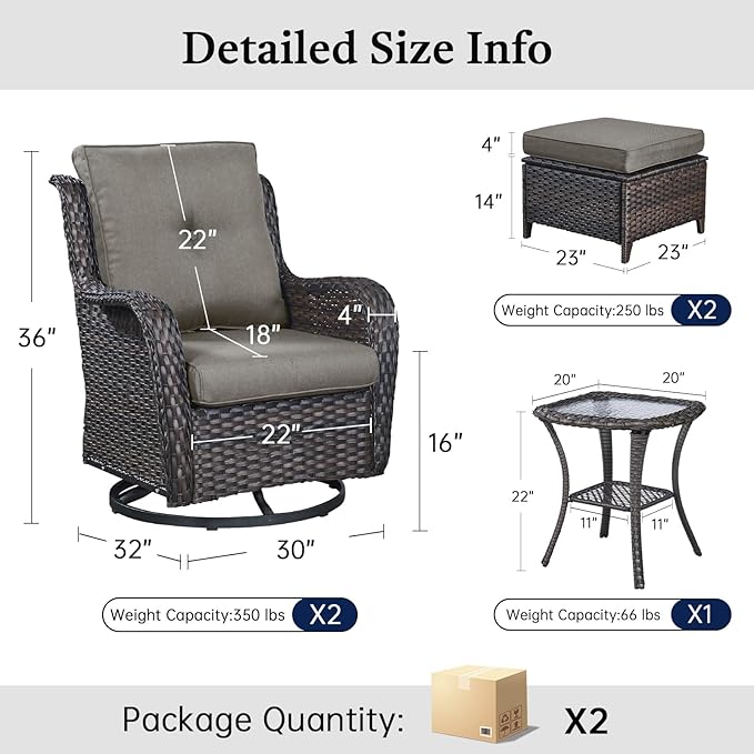 Outdoor Patio Furniture Set-5 Piece Outdoor Swivel Rocker Chairs with Ottomans Patio Furniture Set for Deck Balcony Poolside Backyard-Brown/Grey