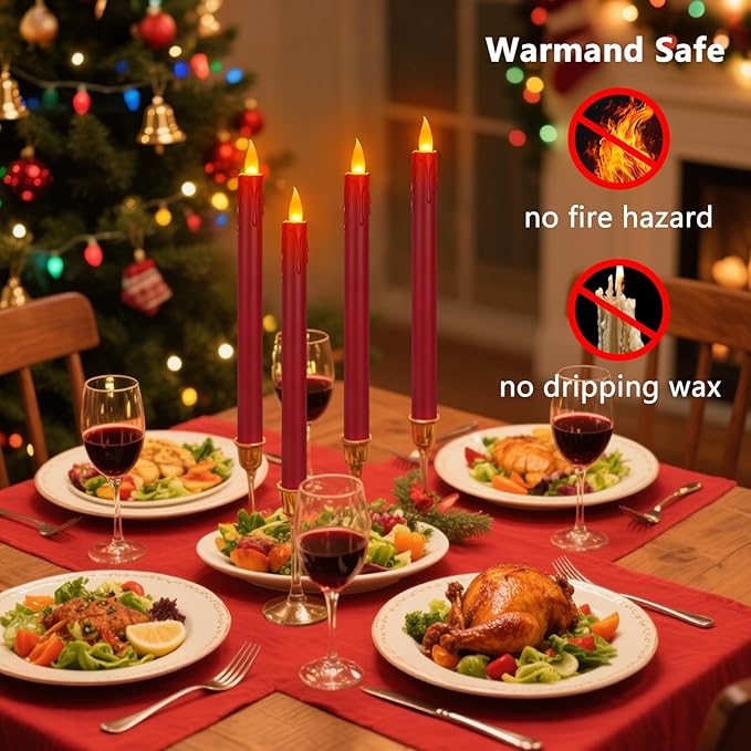 wemarry 24 Pcs Flameless Taper Candles with Remote, 10" Burgundy Battery Operated Led Candlesticks with Flickering 3D Flame, Fake Taper Candles for Christmas Thanksgiving Wedding Home Décor
