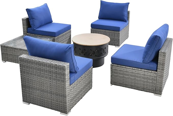HOOOWOOO 6-Piece Outdoor Wicker Patio Furniture Set, All-Weather Rattan Sectional Sofa Chairs with Fire Pit and Side Table, Modern Garden Conversation Set for Patio, Porch, and Backyard (Navy Blue)