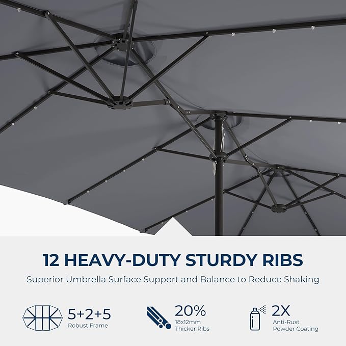 HOMSHADE Double Sided Patio Umbrellas - 15ft Solar Lights LED Lighted Outdoor Extra Large Market Table Umbrella with Base Included, Oversized Umbrella for Deck, Pool, Backyard