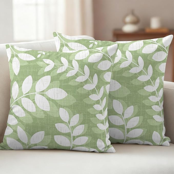 Olive Green Leaves Outdoor Waterproof Throw Pillow Covers 24x24 Set of 2, Farmhouse Botanical Branch Vintage Boho Decorative Pillowcases Cushion Pillowcase for Couch Sofa Patio Pillow Protector