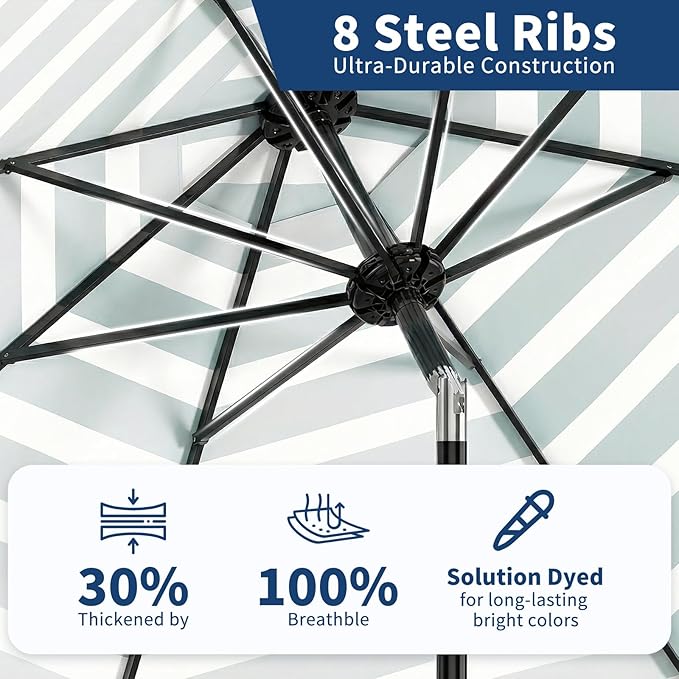 GarveeLife 9FT Patio Umbrella Outdoor, Table Umbrella with Push Button Tilt and Crank, 8 Sturdy Ribs UV Protection Waterproof for Garden, Pool, Market, Deck (Turquoise Blue & White Stripe)