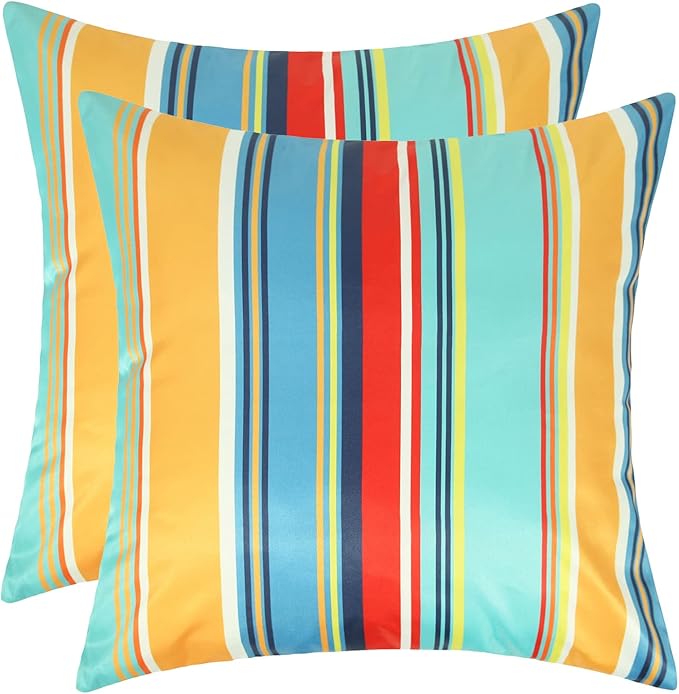 Pyonic Set of 2 Outdoor Throw Pillow Covers 16x16 Inch Blue Stripe Waterproof Modern Cushion Case Home Decor for Patio Couch Chair