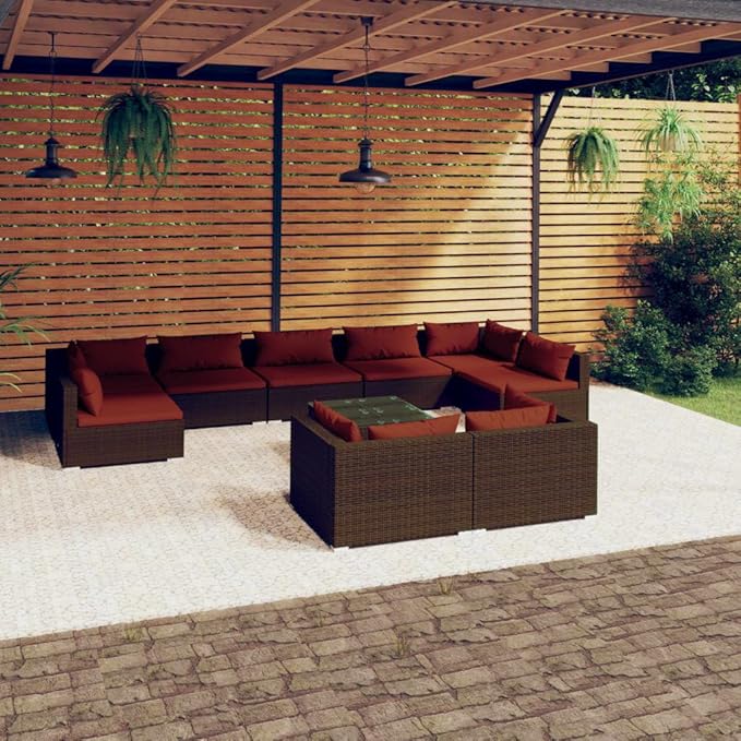 10 Piece Patio Lounge Set with Cushion, Outdoor Patio Sectional Furniture Conversation Sets Piece Patio Set Patio Lounge Set s Brown Poly Rattan