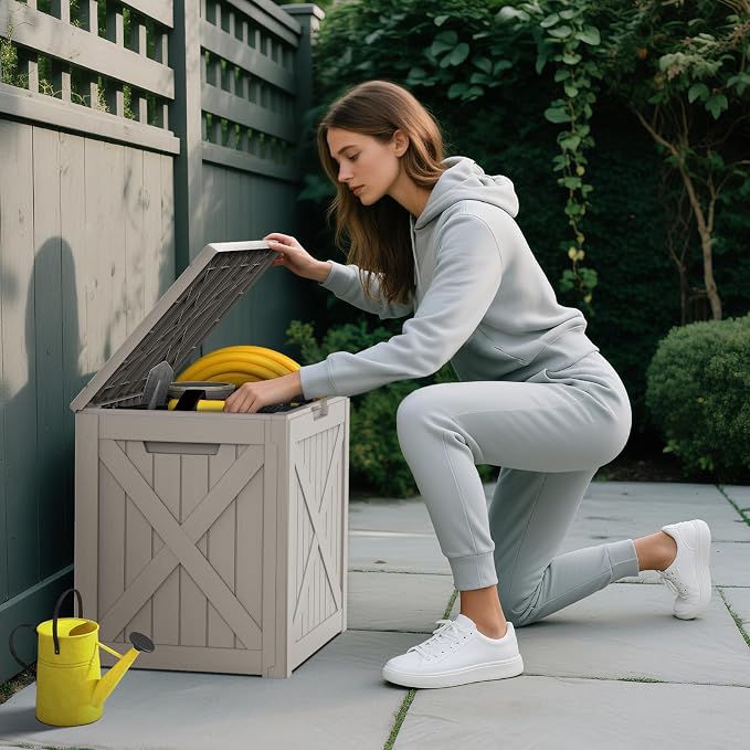 Mars Villa 31 Gallon Barn Style Deck Box, Outdoor Storage Box Waterproof, Lockable Lid, Weatherproof and UV Resistant Resin Storage Bin for Patio Furniture Cushion, Pool Supply, Garden Tool, Grey