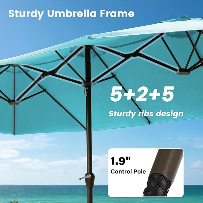 15FT Large Patio Umbrellas with Base Included, Outdoor Double-Sided Rectangle Big Market Umbrella with Stand, Outside Umbrellas for Poolside Lawn Backyard,Light Blue