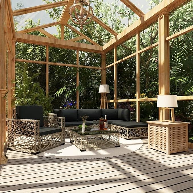 Patio Lounge Set with Cushions,Outdoor Furniture,Outdoor Furniture Sets,Patio Conversation Sets,for Garden,Deck,Backyard,6 Piece Poly Rattan Gray
