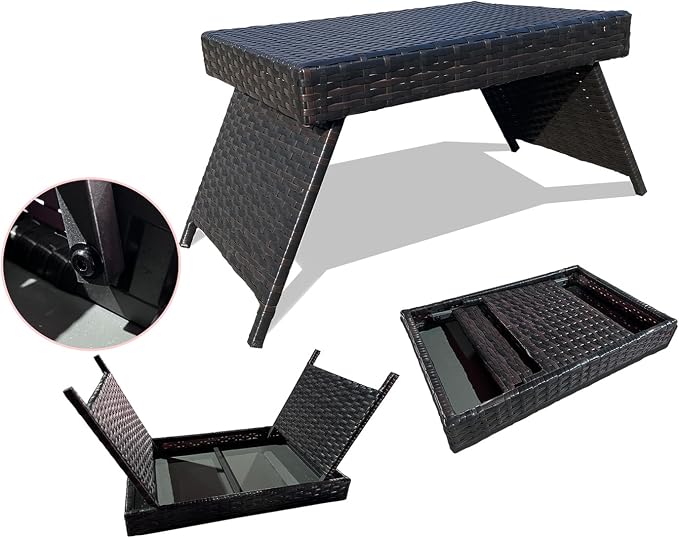 Outdoor Patio Coffee Table Foldable All Weather Tea Table Rattan Patio Table Folding PE Woven Wicker End Table, 23" D x 16" W x 16" H Dark Brown