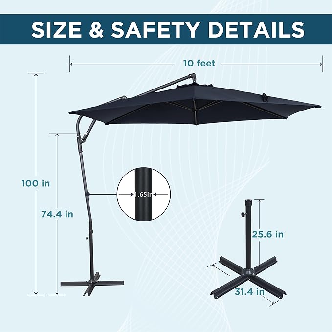 10FT Offset Patio Umbrella, Cantilever Hanging Umbrella with Infinite Tilt, Fade-Resistant Water-Repellent Canopy & Cross Base for Yard, Garden & Deck