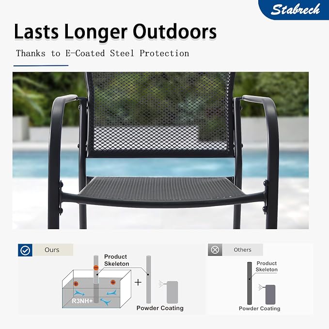 5 Pieces Outdoor Dining Set for 4, Black Metal Mesh Outdoor Dining Table and 4 Black Metal Mesh Stackable Patio Chairs with Armrest, Patio Table and Chairs Set for Lawn Garden Backyard