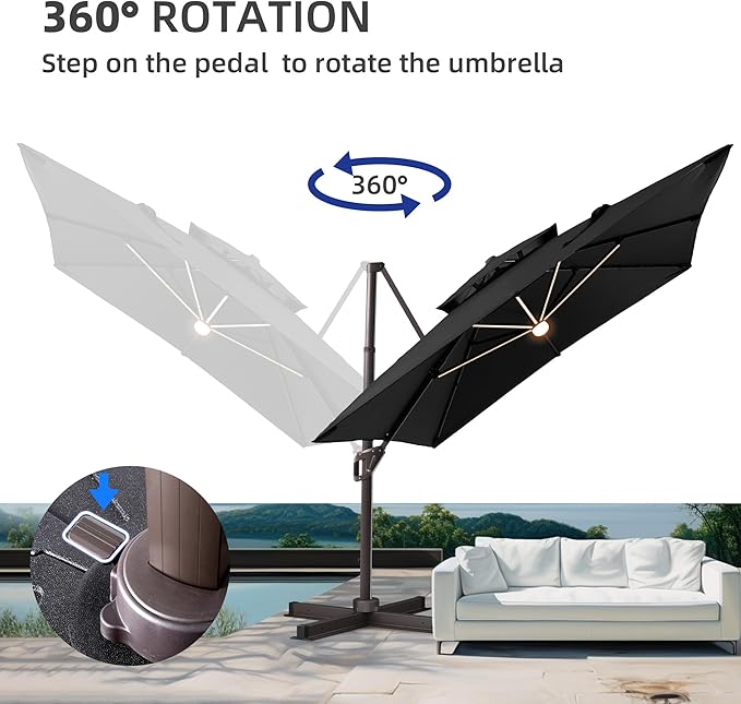 10 X 13 FT Cantilever Patio Umbrella with Led Lights Heavy Duty Windproof Double Top Large Rectangle Offset Umbrellas with 360-degree Rotation for Garden Pool Deck Backyard, Black