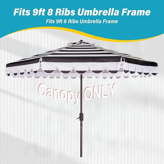 9ft Market Patio Umbrella Replacement Canopy, UV Protective, Fade Resistant, Vented Design for Outdoor Use (Black White Stripe)
