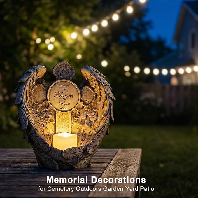 12" Angel Wings Memorial Statue with Cross & LED Candle, Bereavement Condolence Gift, Remembrance Garden Figurine Decor, Waterproof Garden Sculpture Sympathy Gifts for Women, Mom, Grandma, Lover
