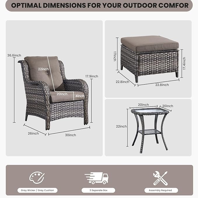 Belord Outdoor Wicker Furniture 5 Pieces Patio Furniture Set Patio Chairs with Ottomans and Side Table Conversation Set for Porch Garden Deck Balcony Poolside