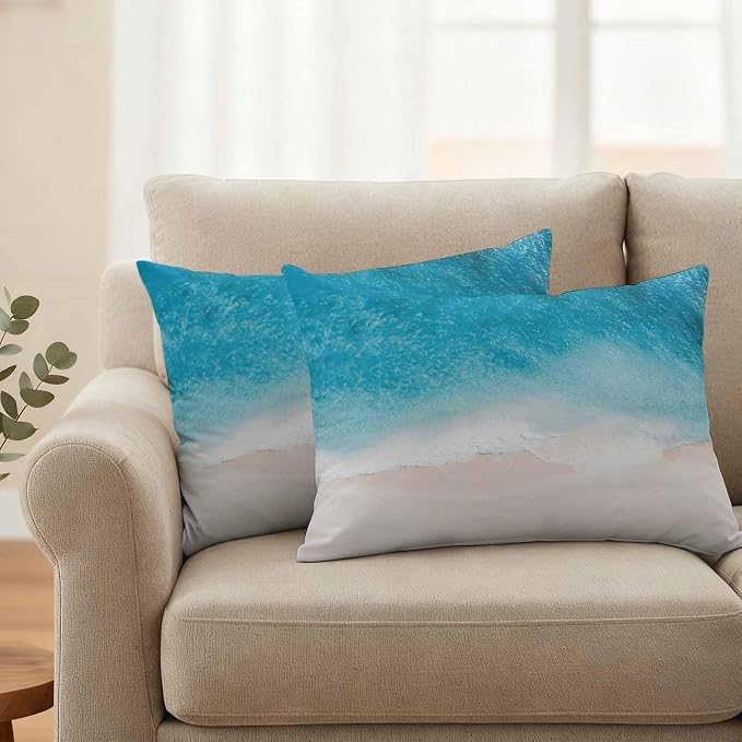 Pack of 2 Blue Beach Coastal Outdoor Pillow Covers Decorative, Ocean Seaside Waterproof Pillow Protector, Summer Nautical Lumbar Throw Pillowcases for Patio Couch Sofa Home Decor 20"x12"