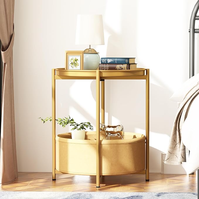 Garden 4 you Side Table with Fabric Storage Basket, Round Metal End Table, Small Bedside Table Nightstand with Removable Tray, for Nursery, Living Room, Bedroom, Bathroom, Gold