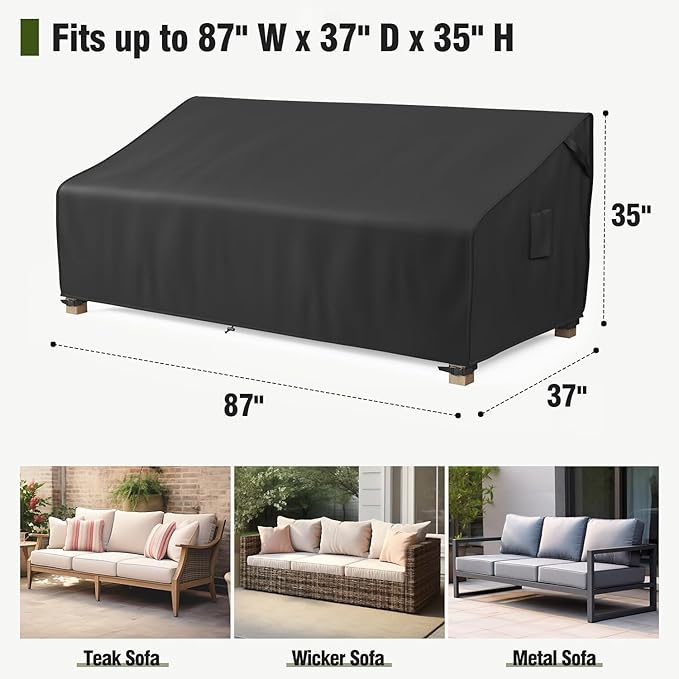 MR.COVER 3-Seater Outdoor Couch Cover Waterproof, Patio Furniture Cover for Sofa, Heavy Duty Outdoor Sofa Covers, Polyester & Double-Stitched Seams, Fits up to 87" W x 37" D x 35" H, Classic Black