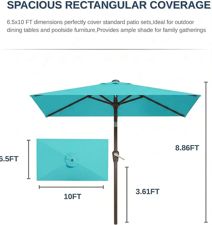 6.5x10FT Patio Umbrella, Outdoor Umbrella with Push Button Tilt and Crank, 8 Sturdy Ribs, UV Protection & Waterproof Market Umbrella for Pool, Backyard, Beach,Deck (Peacock Blue)