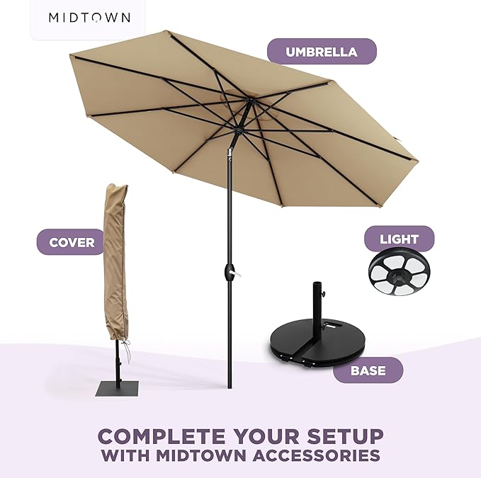 Midtown Umbrellas - The Lean 8 Ft Patio Umbrella with Fade-Resistant Sunbrella Fabric, Auto-Tilt Aluminum Frame and 8 Reinforced Ribs for Deck, Pool & Garden - Heather Tan Canopy, Black Pole