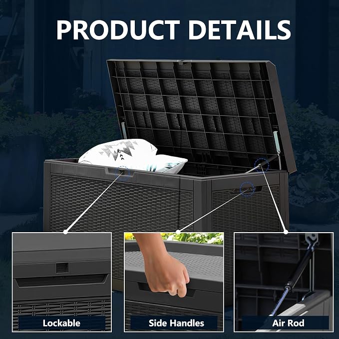DIKEP 100 Gallon Polypropylene(PP) Deck Box with Cushion, Lockable Outdoor Storage Box for Patio Furniture, Garden Tools, Pool Supplies| Built-in Handles Waterproof Storage Container, Black