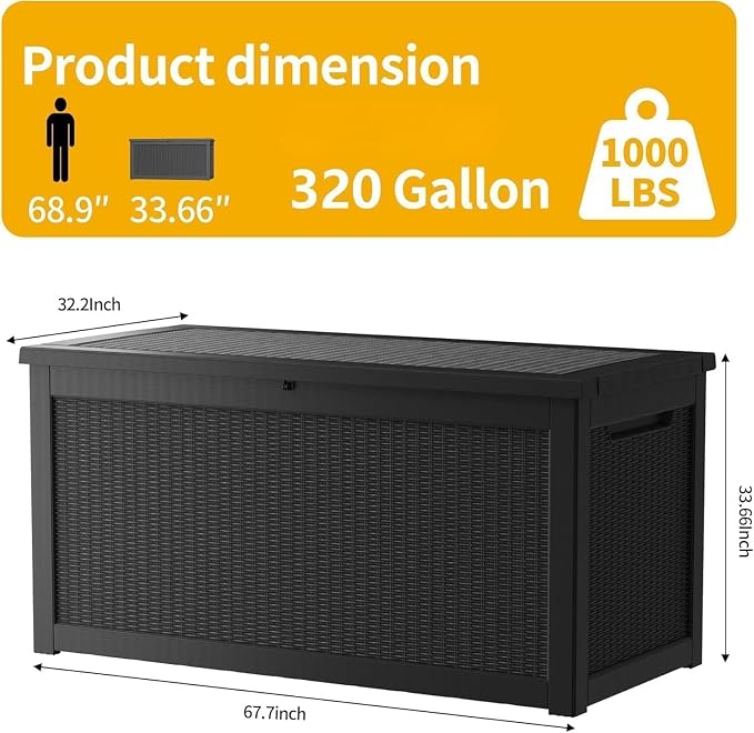 320 Gallon Resin Deck Box Waterproof Outdoor Storage Box for Patio Furniture Pool Accessories Indoor Storage for Cushion Garden Tools, Black