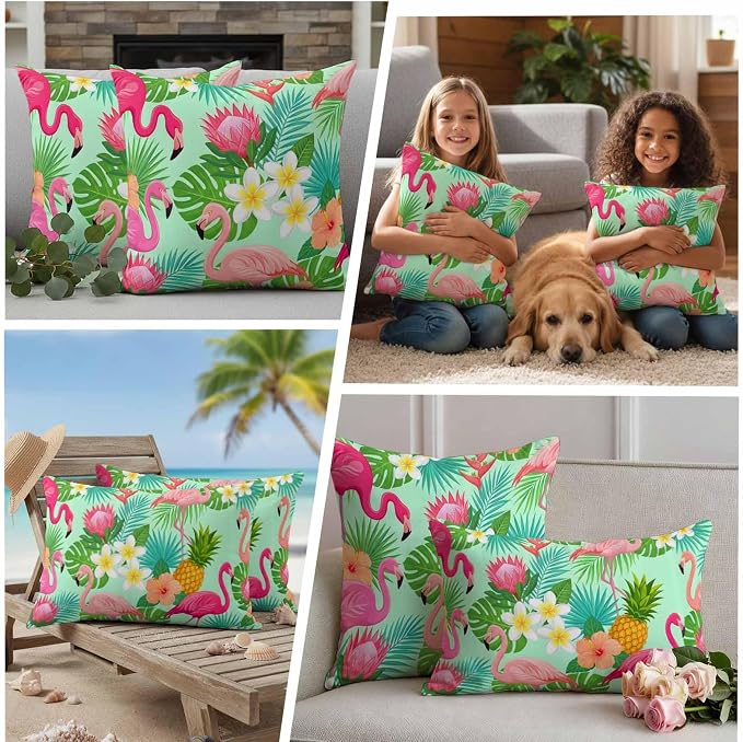 Pink Flamingos Outdoor Pillow Covers 20"x20" Set of 2, Tropical Palm Leaf Hibiscus Flower Green Plant Waterproof Throw Pillow Covers for Patio Furniture, Decorative Cushion Covers for Porch